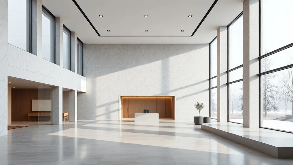 Minimalist modern bank interior with clean lines, large wind