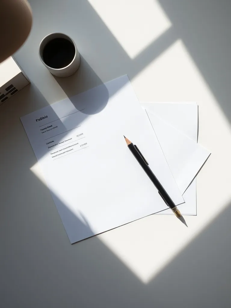 A minimalist overhead shot of a clean desk with financial pa