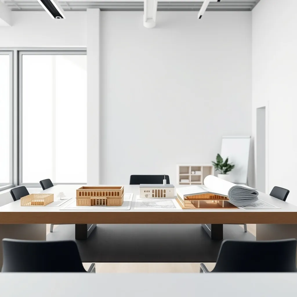 Minimalist bright office space with architectural scale mode