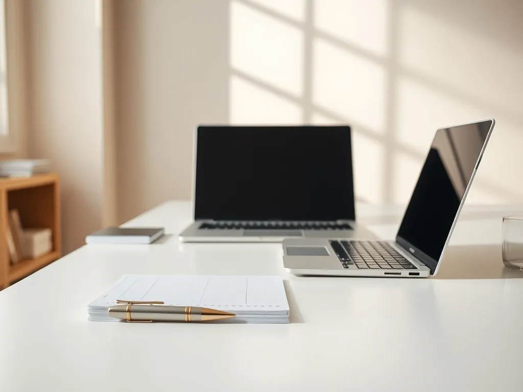 A minimalist professional office desk with a clean notepad,